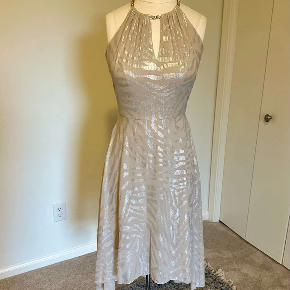 Black House White Market Halter High Low Dress with silver zebra print